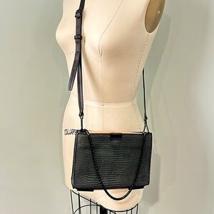 Joy Gryson Stella Black and Beige Lizard Embossed Clutch Crossbody